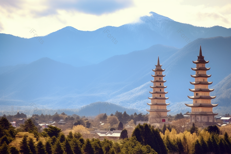 蓝天白云下旷野外的两座宝塔旅游景区,高清,摄影图,摄影图片,图片大全,摄影图免费下载